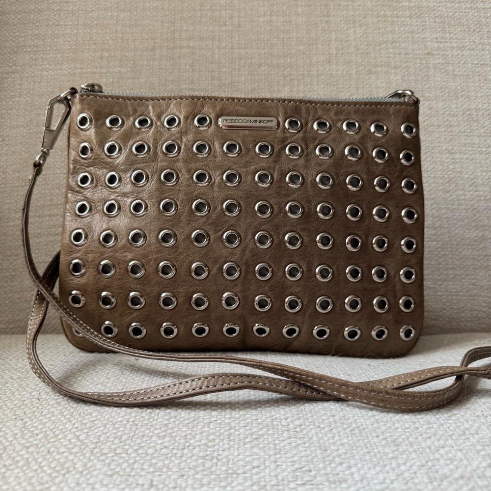 Rebecca Minkoff Taupe Gray Brown Leather Grommet Crossbody Clutch
